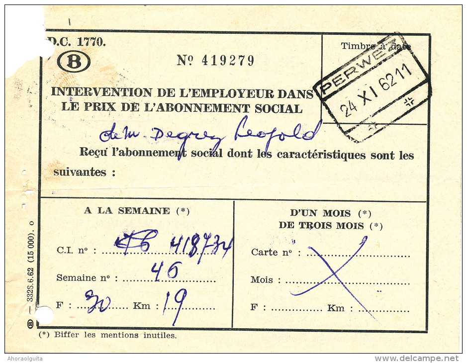 Abonnement Des Chemins De Fer Cachet Gare PERWEZ 1962   -- UU762 - Other & Unclassified