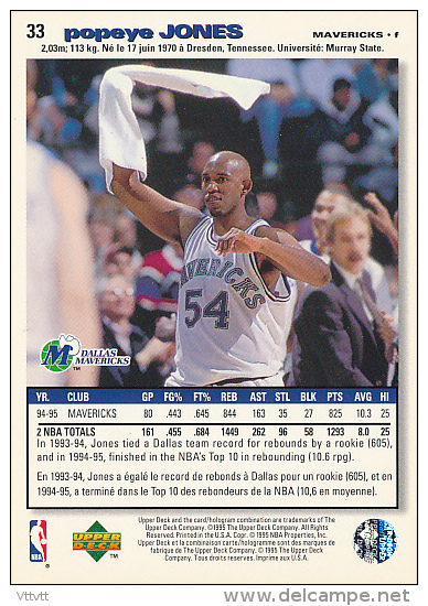 Basket NBA (1995), POPEYE JONES, N° 33, Dallas Mavericks, Upper Deck, Collector's Choice, Trading Cards... - 1990-1999