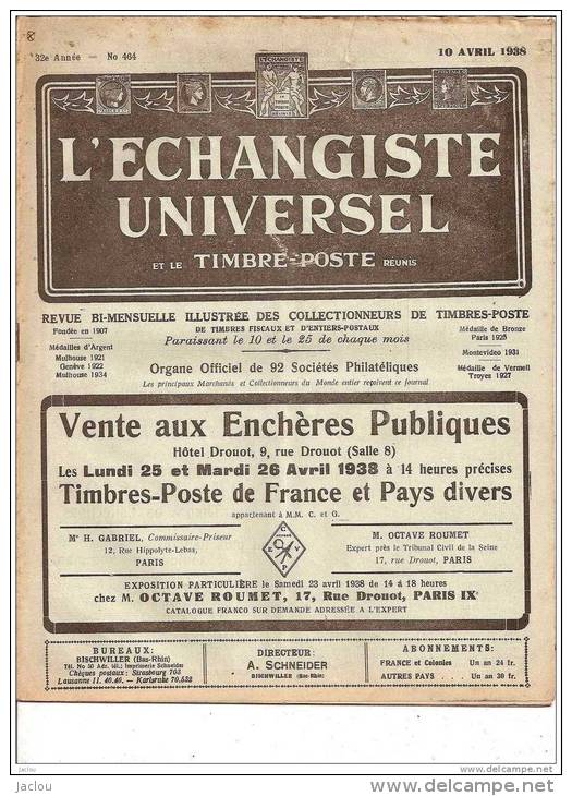 ECHANGISTE UNIVERSEL ET TIMBRES POSTE REUNIS 10 AVRIL 1938 REF 15340 - Französisch (bis 1940)