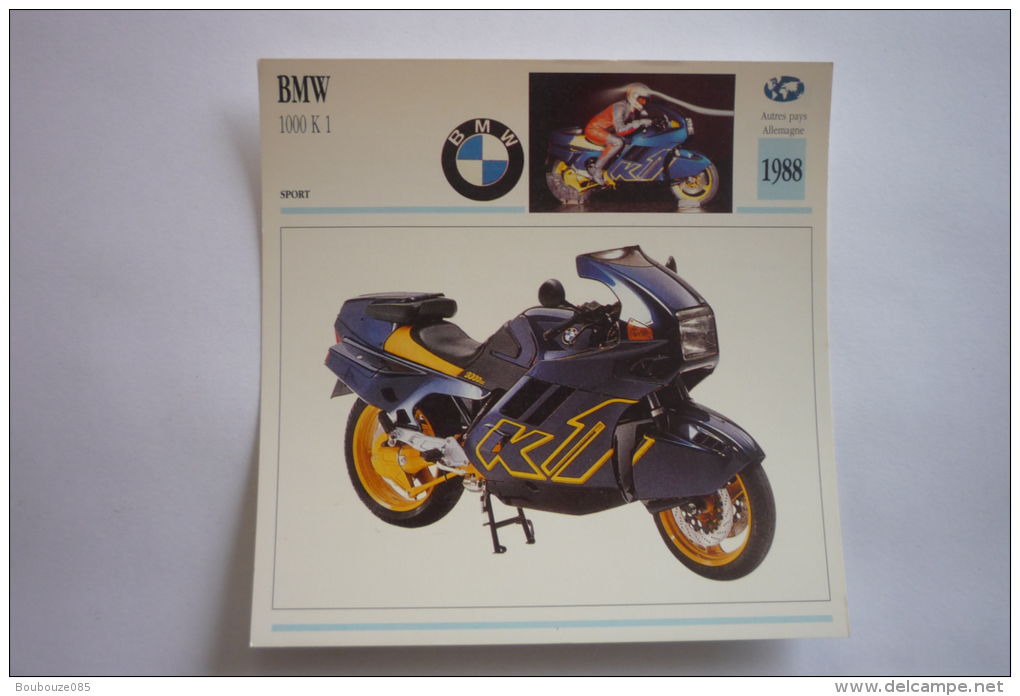 Transports - Sports Moto - Carte Fiche Technique Moto ( Bmw - 1000 K1 - Sport -1988 ( Description Au Dos - Sport Moto