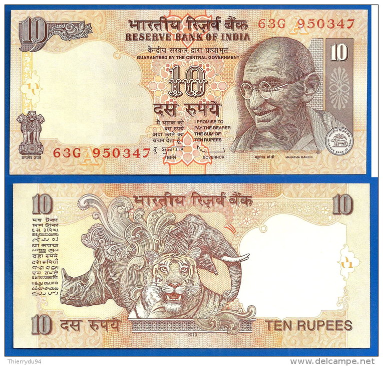 Inde 10 Roupies 2010 Lettre A India Rupees Gandhi Elephant Tigre Animal Asie Paypal Skrill OK - India