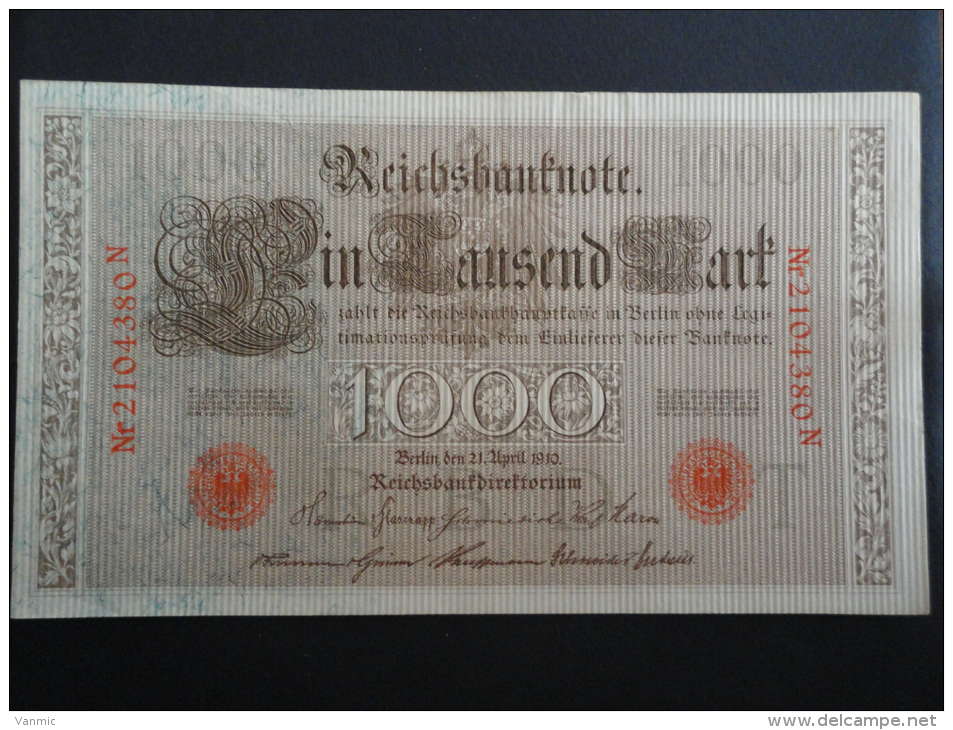 1910 N - 21 Avril 1910 - Billet 1000 Mark - Allemagne - Série N : N° 2104380 N - ReichsBanknote Deutschland Germany - 1.000 Mark
