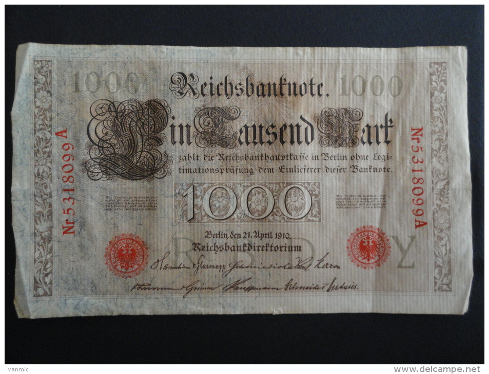 1910 A - 21 Avril 1910 - Billet 1000 Mark - Allemagne - Série A : N° 5318099 A - ReichsBanknote Deutschland Germany - 1000 Mark