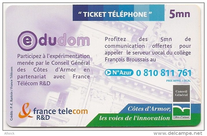 Ticket FT Non Référencé  -  NEUF   -    EDUDOM    -  Collège François Broussais De Dinan  -          5mn    RARE - Tickets FT