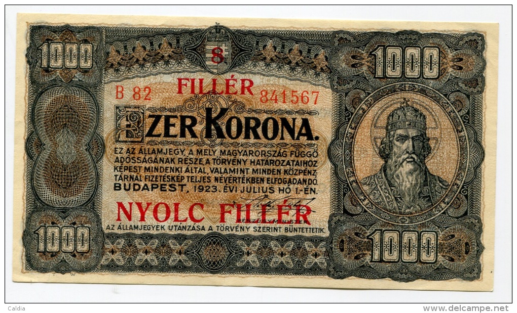 D Hongrie Hungary Ungarn 1000 Korona 1923 "" 8 Filler "" Overprint  HIGH  GRADE - Hongrie