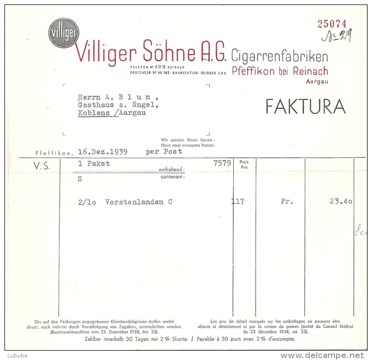 Rechnung  "Villiger Söhne AG, Cigarrenfabrik, Pfeffikon Bei Reinach"            1939 - Suisse