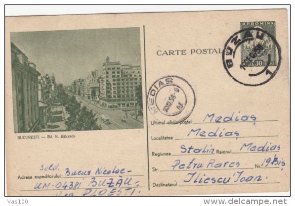 TRAM, TRAMWAYS, BUCHAREST BALCESCU BOULEVARD, PC STATIONERY, ENTIER POSTAL, 1958, ROMANIA - Tram