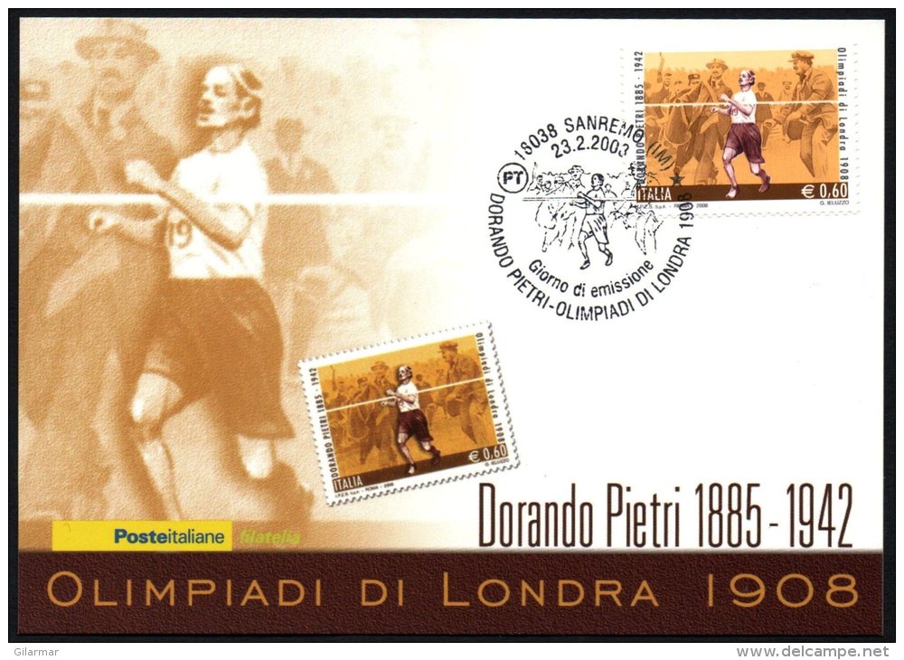 ATHLETICS / OLYMPIC GAMES - ITALIA SANREMO 2008 - DORANDO PIETRI - OLIMPIADI DI LONDRA 1908 - CARTOLINA POSTE ITALIANE - Ete 1908: Londres