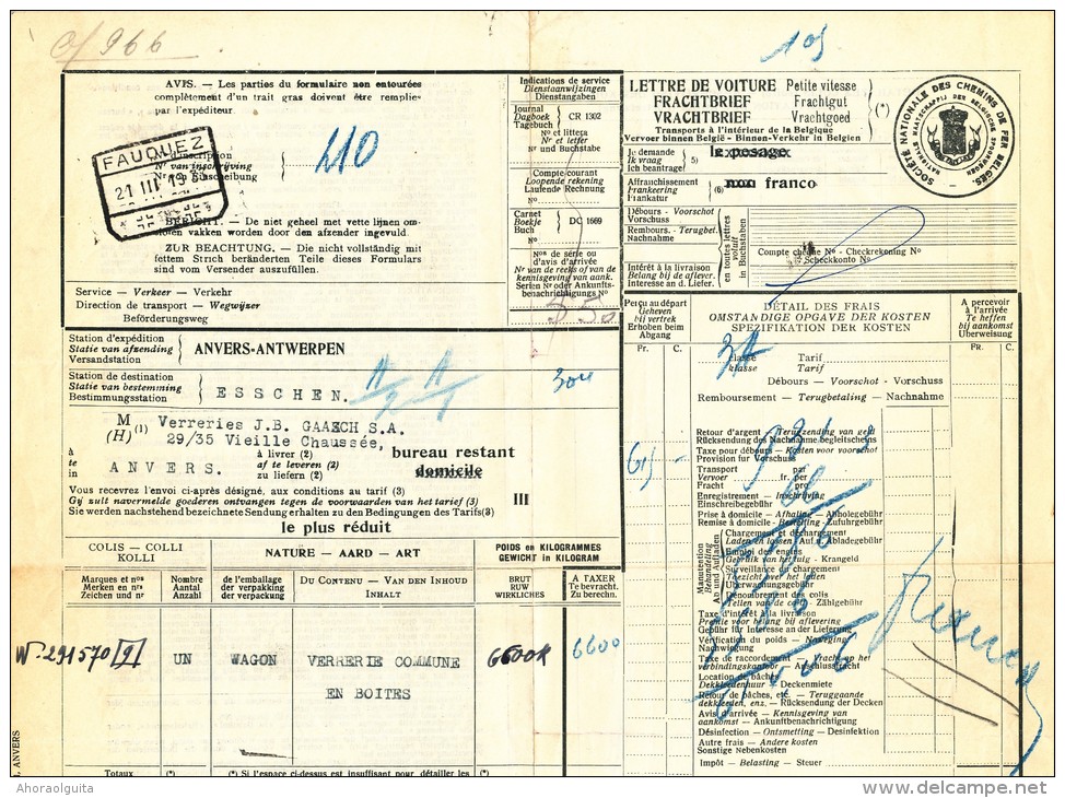 BRABANT WALLON - Lettre De Voiture Cachet De Gare FAUQUEZ 1933 Vers ESSCHEN - Verreries Gaasch  --- UU768 - Other & Unclassified