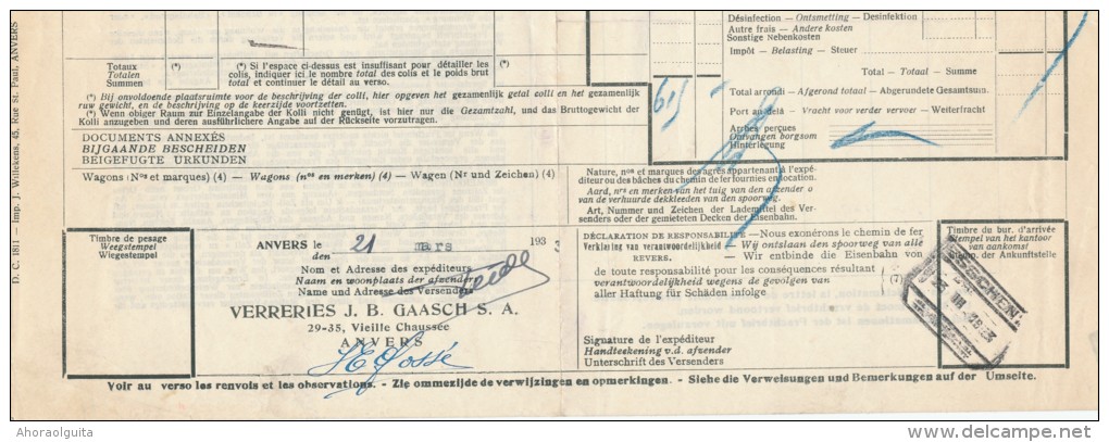 BRABANT WALLON - Lettre De Voiture Cachet De Gare FAUQUEZ 1933 Vers ESSCHEN - Verreries Gaasch  --- UU768 - Andere & Zonder Classificatie