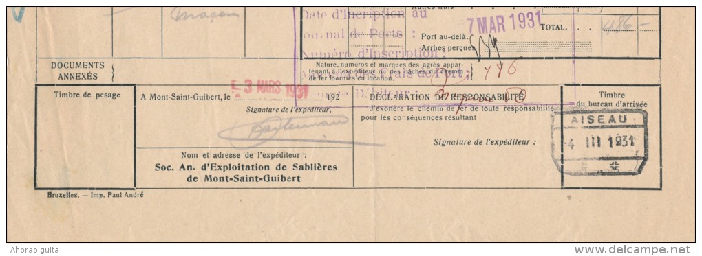 BRABANT WALLON - Lettre De Voiture Cachet De Gare MONT ST GUIBERT 1931 Vers AISEAU - Expéd. Sablières De MStG  --- UU774 - Altri & Non Classificati
