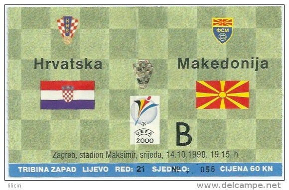 Sport Match Ticket UL000096 - Football (Soccer): Croatia Vs Macedonia: 1998-10-14 - Match Tickets