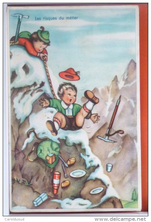 Cpa Litho Illustrateur Stampa 3ddd Enfant ESCALADE Pique-nique MONTAGNE CHUTE Voyagé 1953 MURET - Humorous Cards