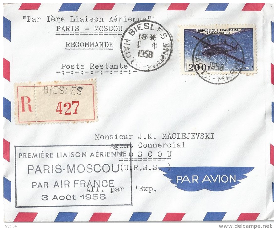 Par 1 ère Liaison Aérienne  Paris - Moscou En R  Départ Biesles Haute Marne Vers Moscou 03 Aout 1958 - Premiers Vols