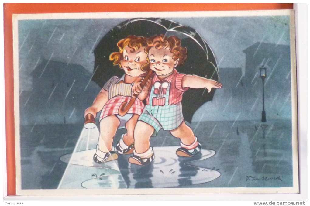 Cpa Litho Illustrateur TOM NOVELLI COUPLE Enfant Fille Garcon Sous Parapluie Lampe Torche Pluie HECTOR 313 - Humorous Cards