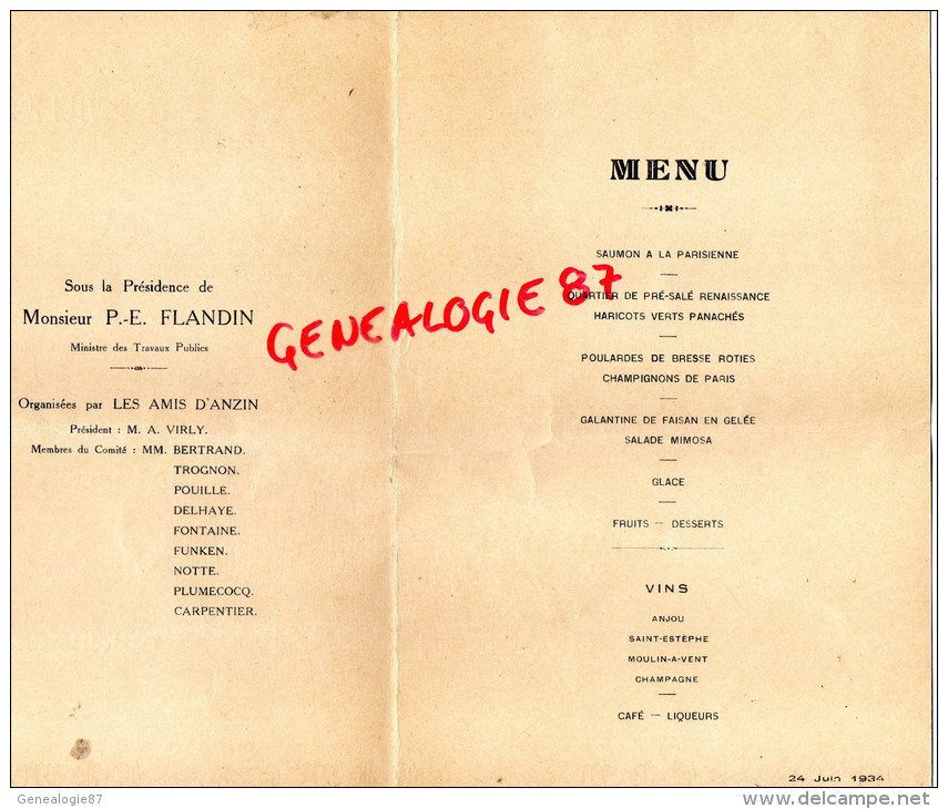 59 - ANZIN - BEAU MENU DES FETES DU BICENTENAIRE DE LA DECOUVERTE DU CHARBON-1734-1934- MINEUR MINES- FLANDIN MINISTRE - Menus