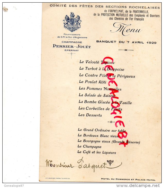 17 -ROCHEFORT- MENU COMITE FETES SECTIONS ROCHELAISES DE L' ORPHELINAT SNCF-CHEMINS DE FER- CHAMPAGNE HEIDSIECK-1929 - Menus