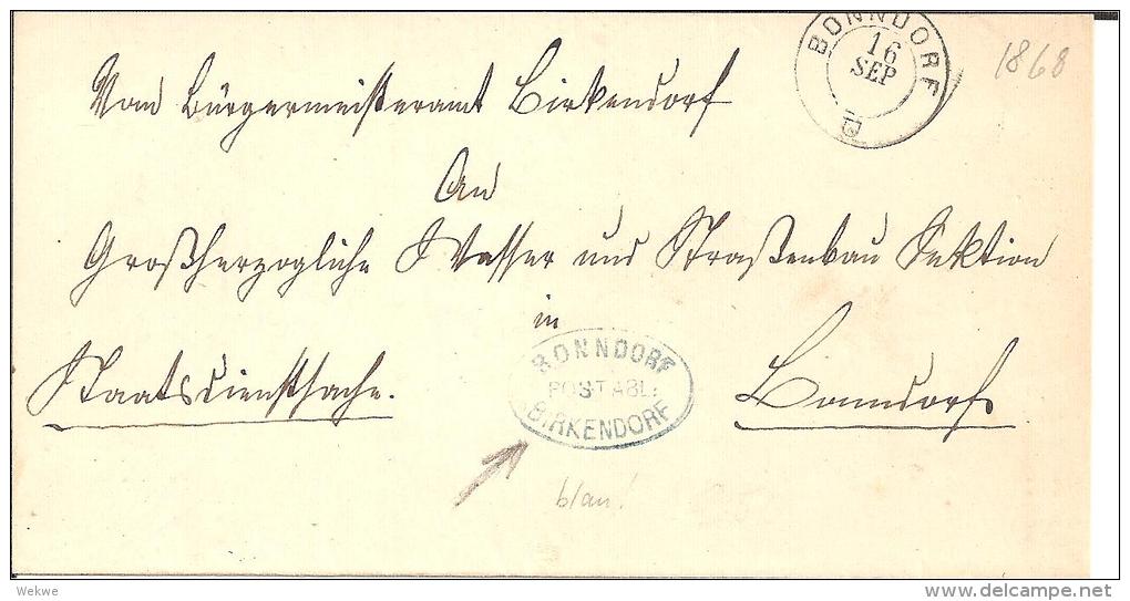 Bad048/  BADEN - Bonndorf + Postablage Birkendorf In Blau 1868 - Covers & Documents