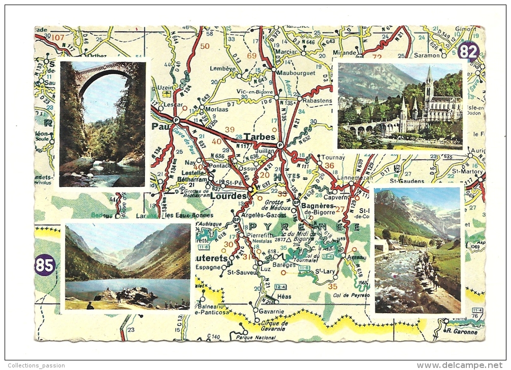 Cp, Carte Géographique, Les Pyrénées, Avec Vues De Lourdes, Gavarie, Leac De Gaube, Pont Napoléon, Voyagée 1969 ? - Carte Geografiche