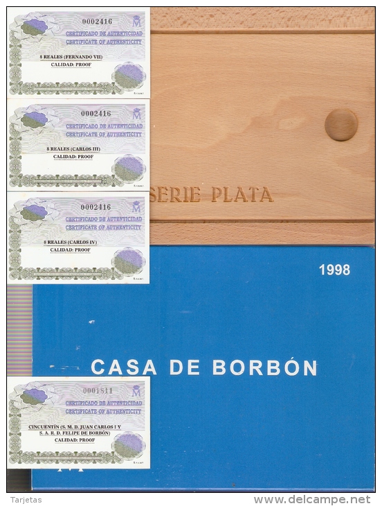 COLECCION DE 4 MONEDAS DE PLATA CASA DE BORBON 1998 ESTUCHE DE MADERA CERTIFICADO DE AUTENTICIDAD (COIN) SILVER-ARGENT - Ongebruikte Sets & Proefsets