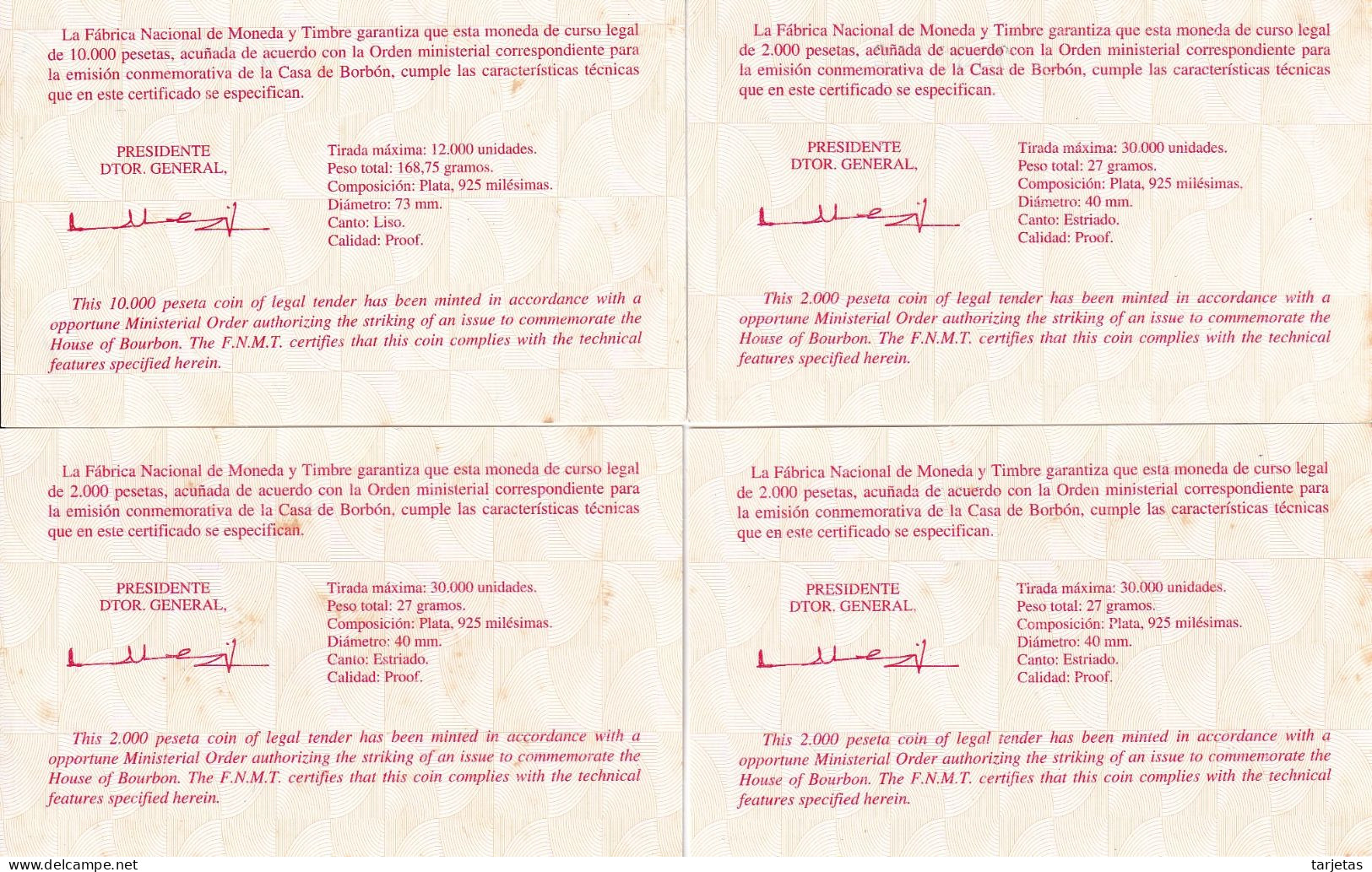 COLECCION DE 4 MONEDAS DE PLATA CASA DE BORBON 1998 ESTUCHE DE MADERA CERTIFICADO DE AUTENTICIDAD (COIN) SILVER-ARGENT - Ongebruikte Sets & Proefsets