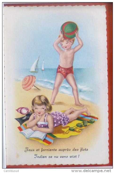 Cp Litho Illustrateur Vivey ? Enfant Plage Ballon Livre Tuba Voyagé 1962 Timbre Belge Frere A M Gochet - Humorous Cards