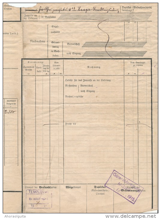 Lettre De Voiture Allemande 14/18 - Cachet De Gare Belge TEMPLEUVE Et Allemand MONS  -- 21/905 - Andere & Zonder Classificatie