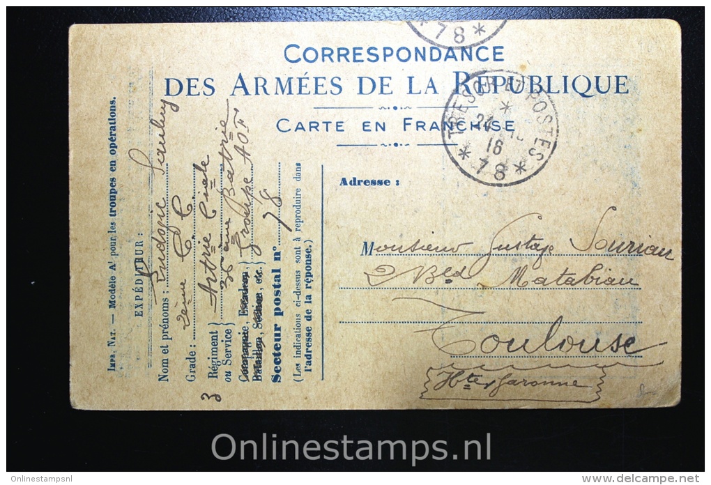 France: Card Des Armées De La Republique, To Toulouse, 1916 - Storia Postale