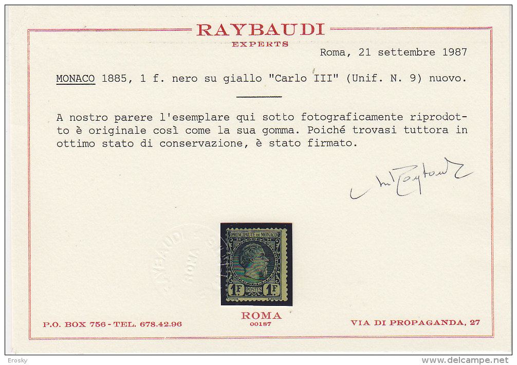 F1532 - MONACO Yv N°9 * CERTIFICATE - Nuovi