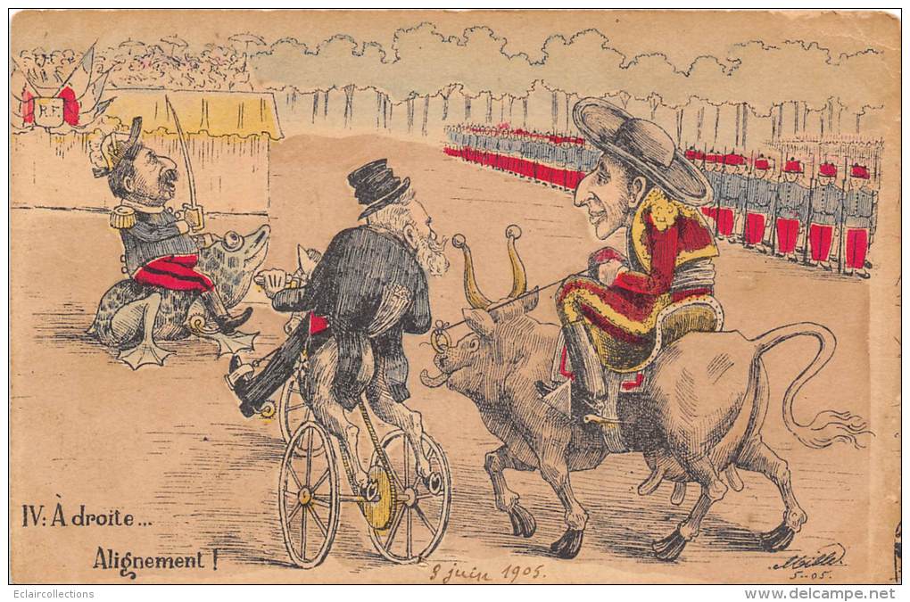 Thème  Illustateur Mille  Roi D'Espagne  ( Sans Doute Fête Franco-Espagnole 1905 ) Grenouille Tricycle Vache - Mille