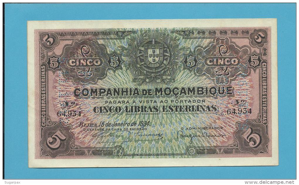 MOZAMBIQUE - 5 LIBRAS ESTERLINAS - 15.01.1934 - P R32 - AUNC - COMPANHIA DE MOÇAMBIQUE - Mozambique