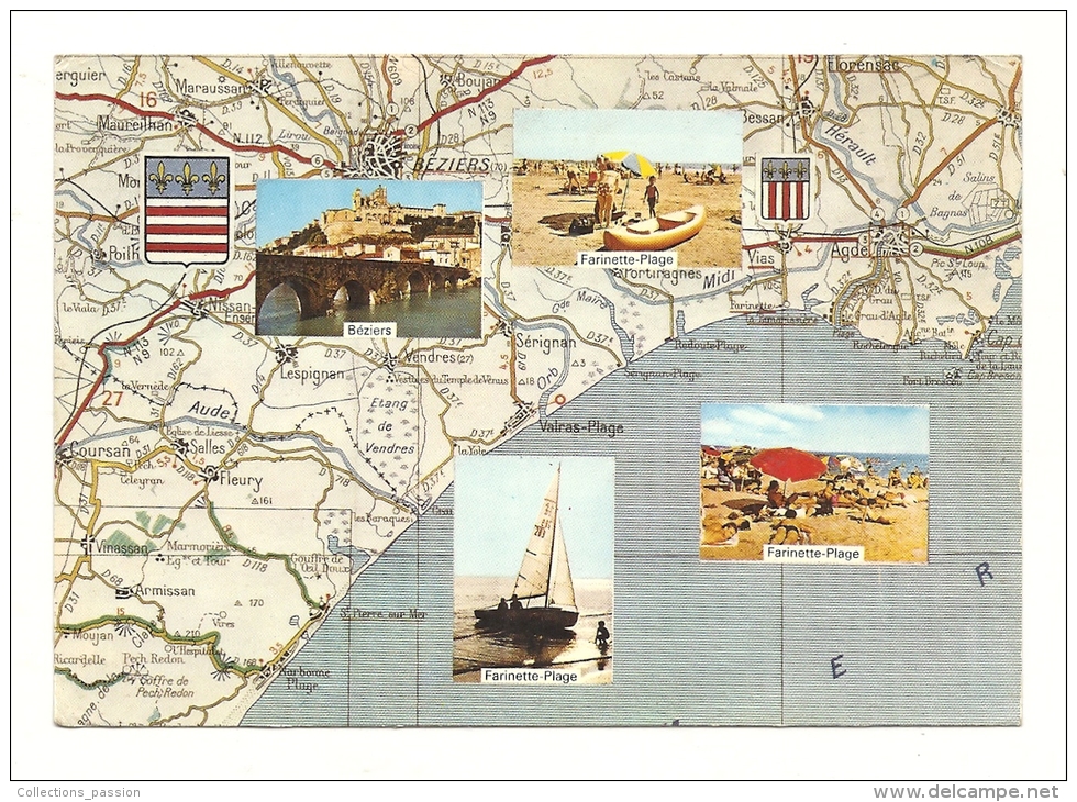 Cp, Carte Géographique, Farinette Plage (34), Voyagée 1973 - Carte Geografiche