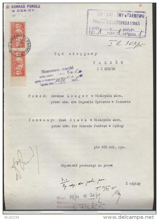 POLAND 1935 COURT DOCUMENT WITH 2 X 1ZL JUDICIAL COURT (SADOWA) REVENUE BF#19 - Steuermarken