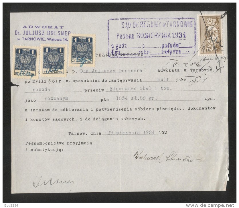 POLAND 1934 POWER OF ATTORNEY WITH 50GR COURT JUDICIAL REVENUE BF#17 & 3 X 1ZL GENERAL DUTY REVENUE BF#106 - Steuermarken