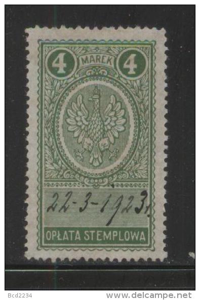 POLAND GENERAL DUTY REVENUE (OPLATA STEMPLOWA) 1921 EAGLE DESIGNS 4M GREEN PERF 13-14.5 BF#026B - Revenue Stamps