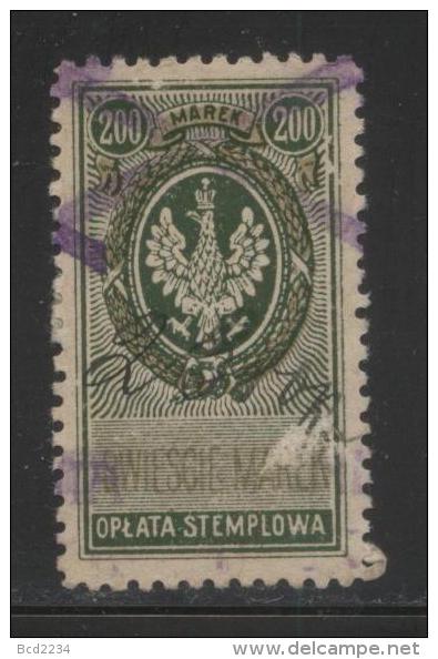 POLAND GENERAL DUTY REVENUE (OPLATA STEMPLOWA) 1921 EAGLE DESIGNS 200M GREEN & OLIVE PERF 10-12.5 BF#032A - Revenue Stamps