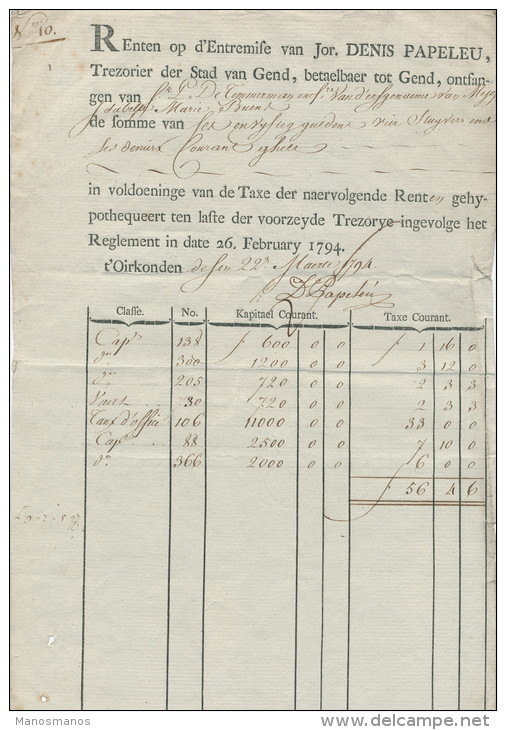 924/21 - Document GAND 1794 - Renten Op D' Entremise Van Denis Papeleu , Trezorier Der Stad Van Gend - 1790-1794 (Révol. Autrich. Et Invas. Franç.)