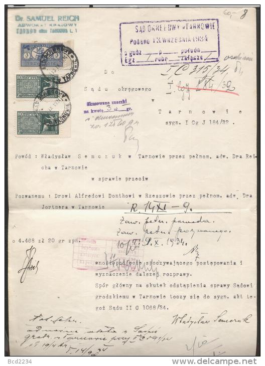 POLAND 1934 COURT SUMMONS DOCUMENT WITH 2 X 80GR COURT DELIVERY REVENUE BF#14 + 3 ZL COURT JUDICIAL REVENUE - Revenue Stamps