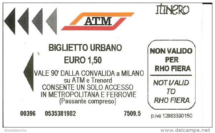 Ticket Metro Milan Milano Italie 19/12/2013 / Biglietto Urbano 1,50 Euro - Europa