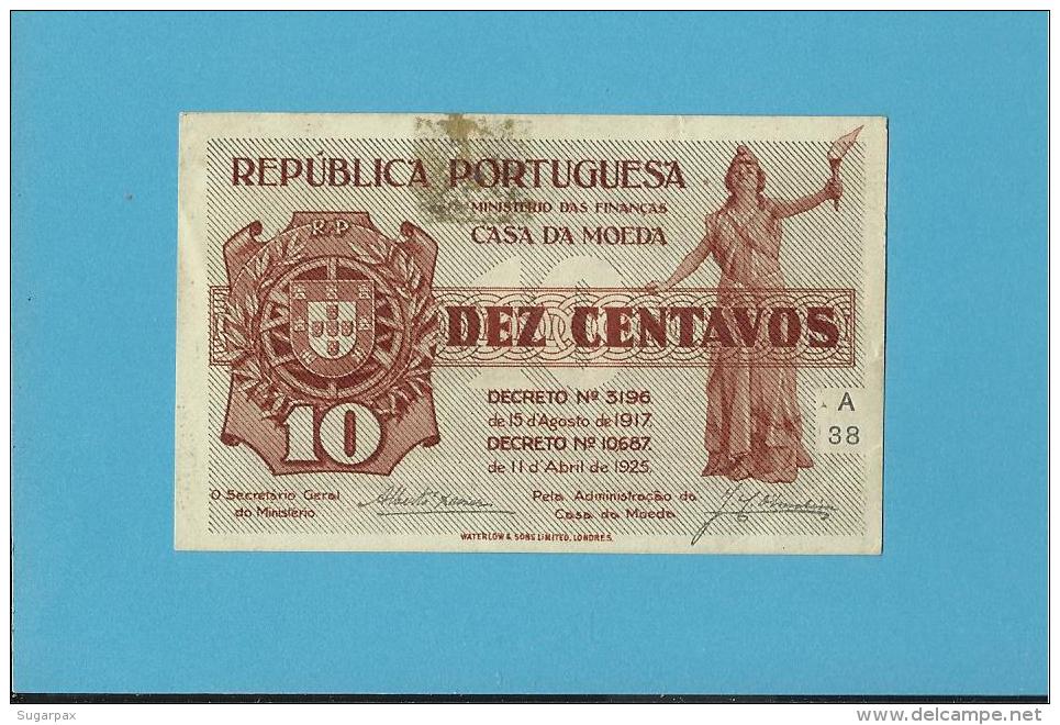 CÉDULA De 10 CENTAVOS - SÉRIE A38 - CASA DA MOEDA - PORTUGAL - EMERGENCY PAPER MONEY - NOTGELD - Portugal