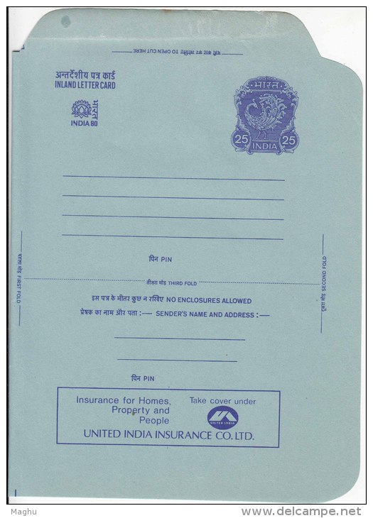 25p Inland Letter Postal Stationonery India 80, Insurance, For Accident, Health, Property, Lotus Flower, - Inland Letter Cards