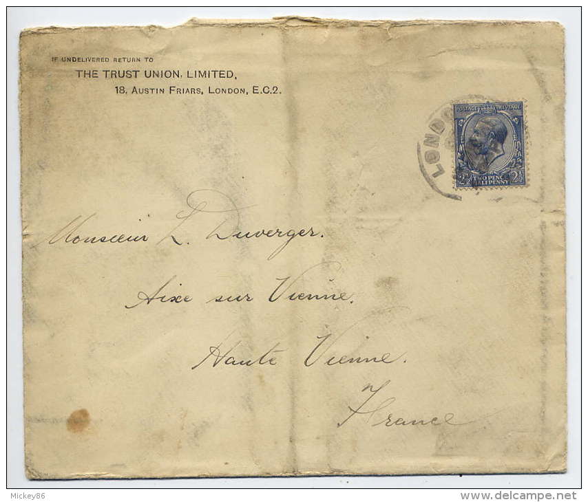 GB--Lettre De Londres Pour Aixe Sur Vienne-87 (France) N° 143 Seul Sur Lettre Personnalisée "The Trust Union,Limited "-- - Covers & Documents