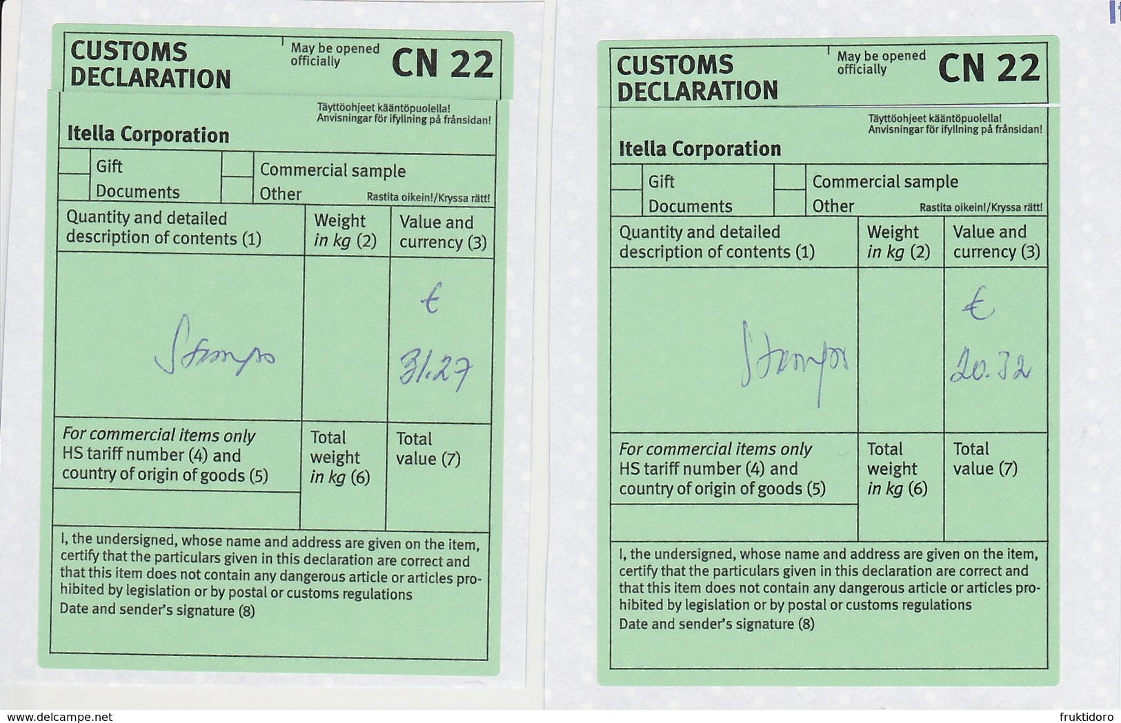 Finland Customs Declarations From Itella Corporation - Used - Errors, Freaks & Oddities (EFO)