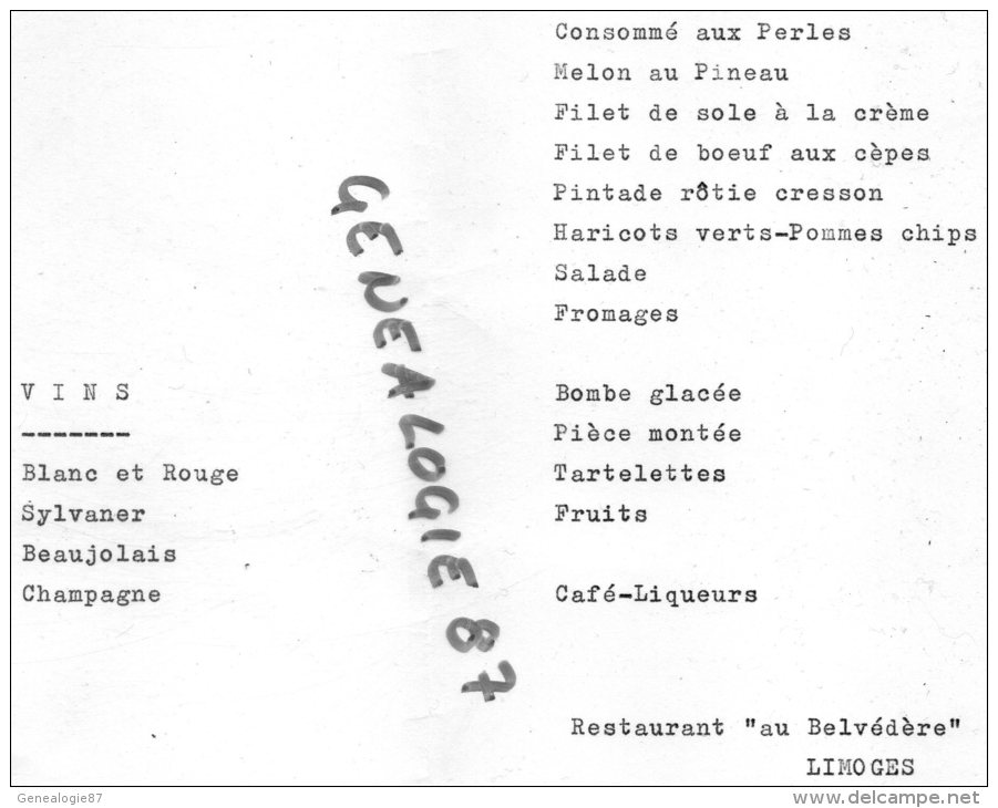 87 - LIMOGES - MENU CARTONNE RESTAURANT " AU BELVEDERE " MARIAGE JEAN CLAUDE & JOSIANE - 27 JUIN 1966- RENE BESSE - Menus