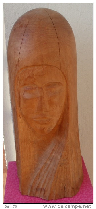 Statue En Bois Sculpté, Faim Main, Artisanal, Tête De Femme - Holz