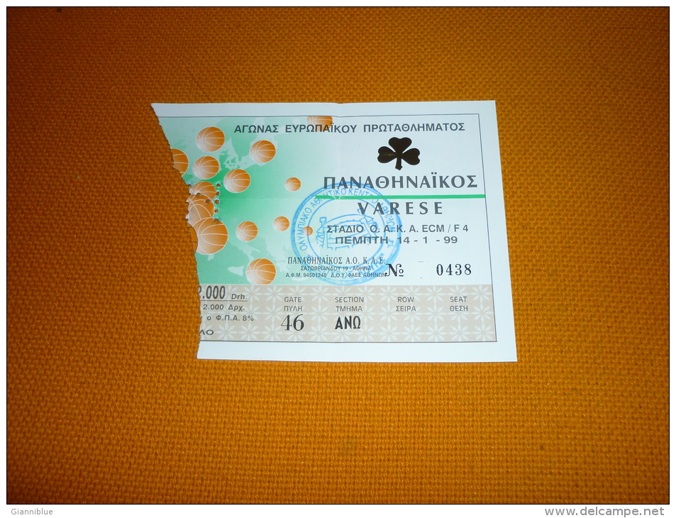 Panathinaikos-Varese Italy Euroleague Basketball Ticket 14/1/1999 - Tickets & Toegangskaarten