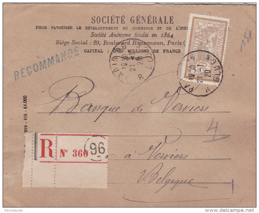 1920 - ENVELOPPE RECOMMANDEE Avec MERSON PERFORE "SG" De LA SOCIETE GENERALE De PARIS Pour VERVIERS (BELGIQUE) - Other & Unclassified