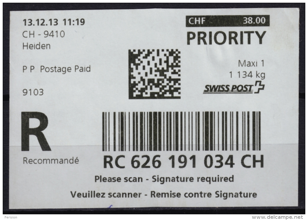 Switzerland 2013 - Registered Package ATM Label / Self Adhesive - Used - Timbres D'automates