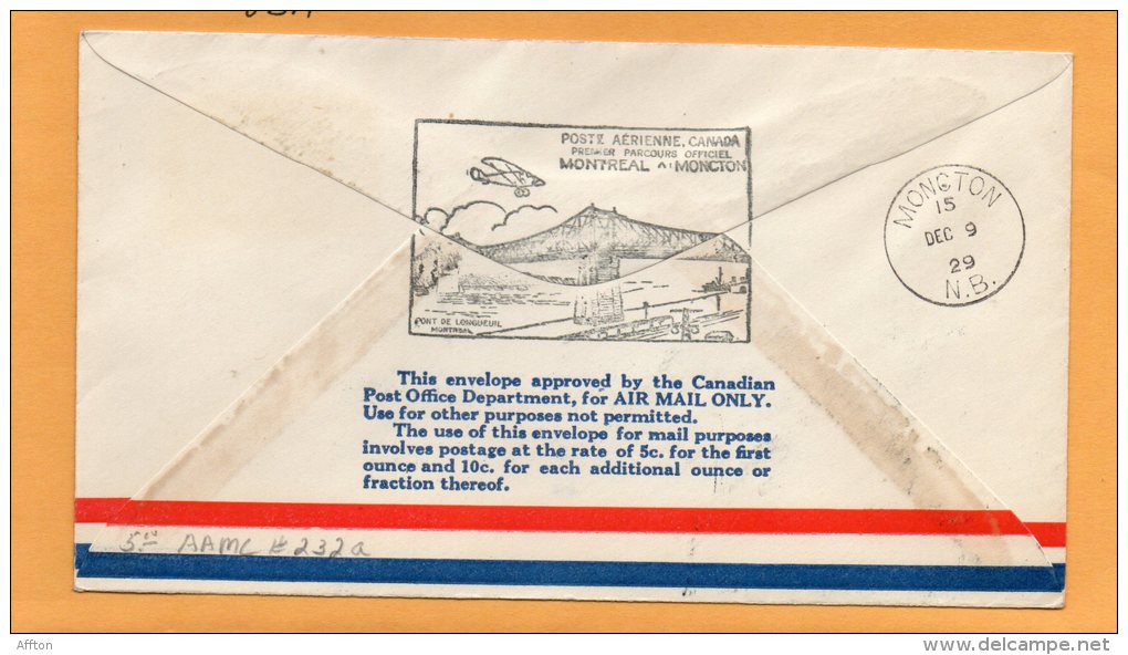 Montreal To Moncton 1929 Canada Air Mail Cover - Eerste Vluchten