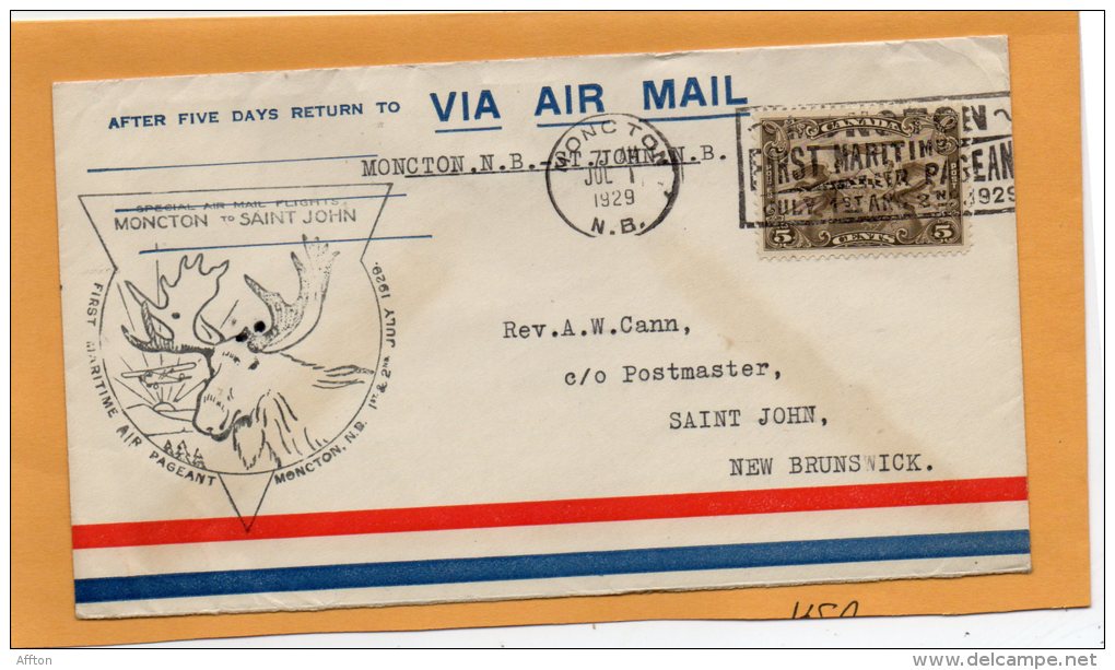 Moncton To Saint John 1929 Canada Air Mail Cover - Eerste Vluchten